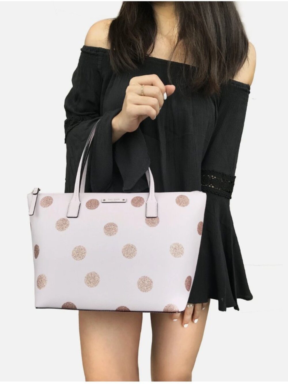 Kate Spade Haven Lane Hani Small Tote Glitter Pink Polka Dot Top Zip Handbag